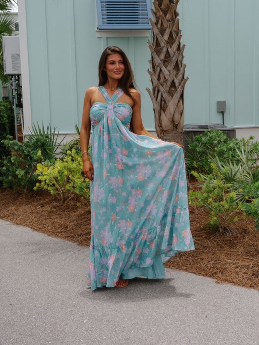 These Three Boutique. Flowing Aqua Floral Halter Maxi Dress